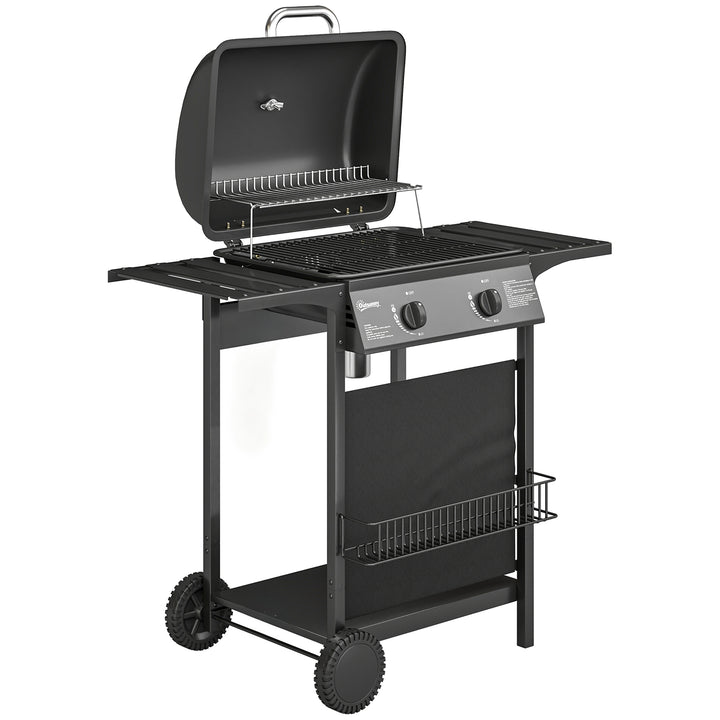 Gasgrill 5 KW 2 brændere BBQ grillvogn rustfrit stål inkl. sidebord, nederste kurv, frontlåg, termometer, emaljeret grillrist