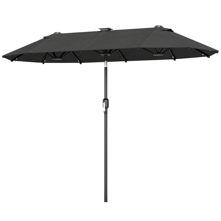 Dobbelt parasol, terrasseparasol, vipbar, med solpanel, 35 LED'er, stålramme, grå, 2,92 x 1,50 x 2,18 m
