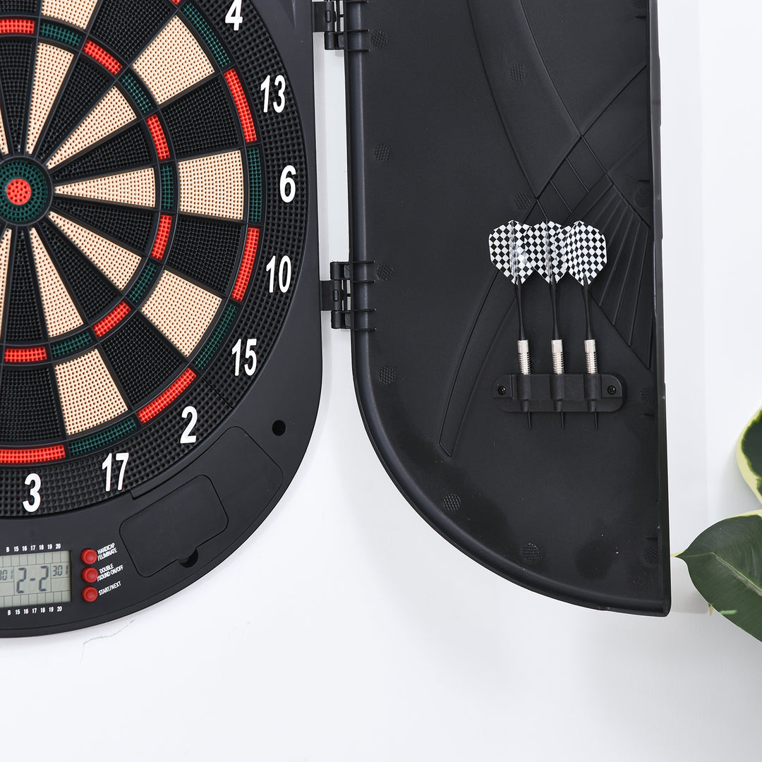 Elektronisk dartskive med stemmemeddelelser (engelsk stemme), LED-displays, 6 dart, 26 spil, 185 variationer, dartmaskine med dør, dartskivesæt til op til 8 spillere