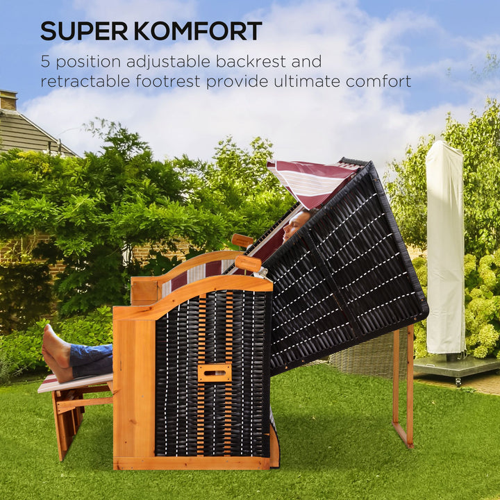 Baltic Sea strandstol, fuldt lænestol, 2-personers, lavet af fyrretræ, 5-positions justerbar ryglæn, strandstol med fodstøtte og sideborde, PE-flet, strandstol til balkon, rød og hvid