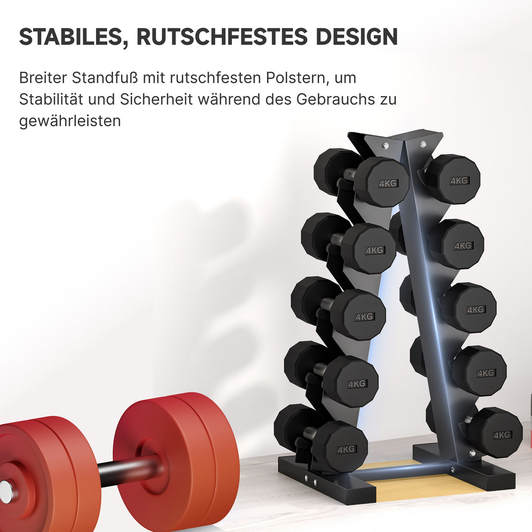Håndvægtstativ til 10 håndvægte, 5 niveauer, robust stålramme, op til 100 kg, sort, 66 x 35 x 33 cm