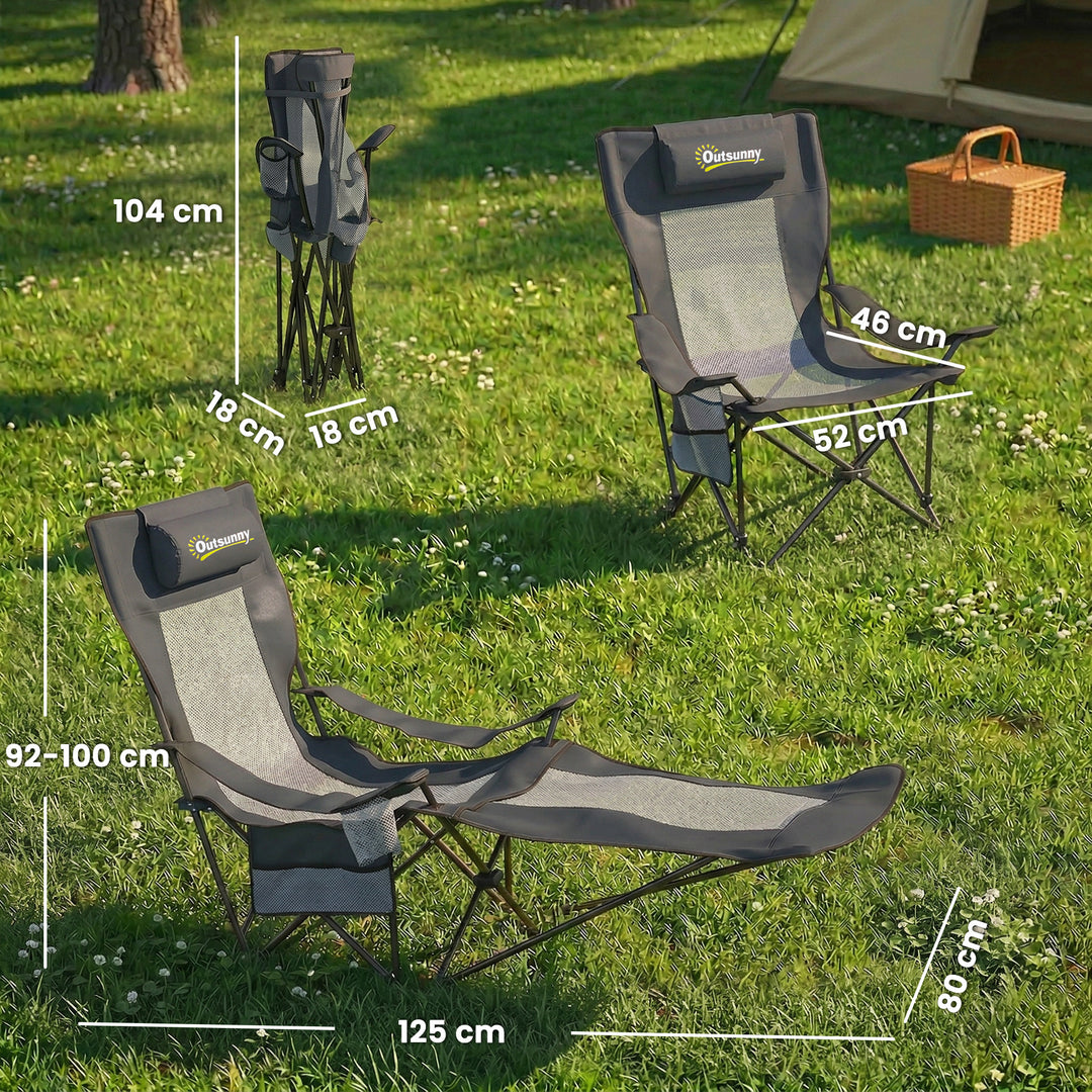 Sæt med 2 foldbare campingstole/fiskestole med justerbar ryglæn, fodstøtte, kopholder og nakkestøtte, mørkegrå