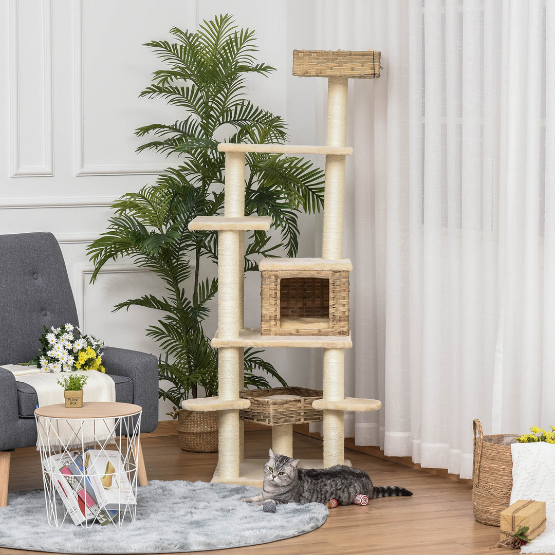 Rattan kradsetræ med kattehule kradsetræ i flere niveauer, klatretræ til katte, e1 mdf sisal, beige+brun, 55 x 55 x 174 cm