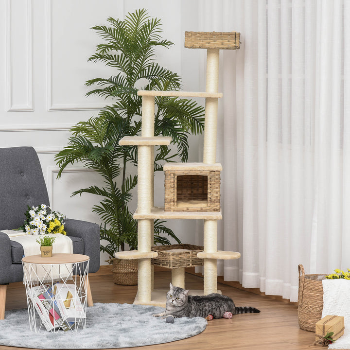Rattan kradsetræ med kattehule kradsetræ i flere niveauer, klatretræ til katte, e1 mdf sisal, beige+brun, 55 x 55 x 174 cm