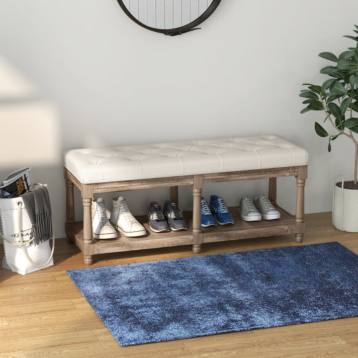 Bænk med opbevaring, vintage design, knapsøm, gummitræ, 115x40x48cm, cremehvid