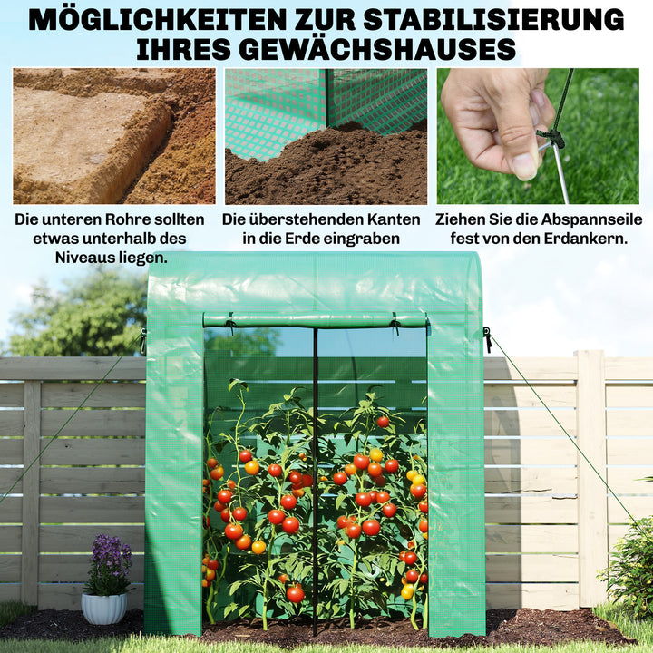Tomatdrivhus, polytunneldrivhus med rulleport, netvindue, buet tag, 170 x 68 x 200 cm, grøn