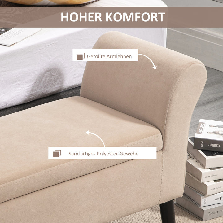 Polstret bænk med opbevaringsplads, kommodebænk med armlæn, 46 cm sædehøjde, fløjl polyester, 111,5 x 41 x 65 cm, beige