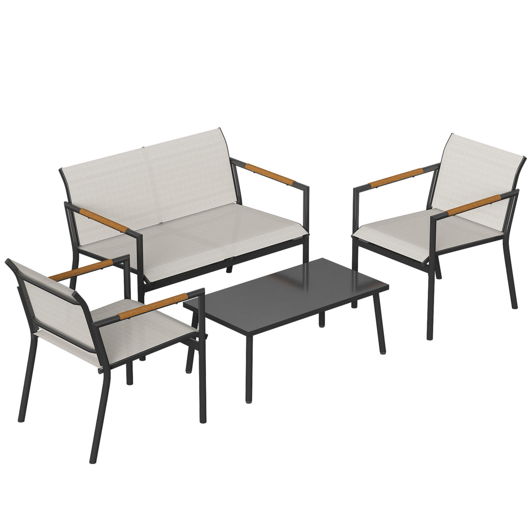 Havemøbelsæt, siddegruppe til 4 personer, åndbar havelounge med 2-personers sofa, 2 lænestole, metalbord, fodpuder