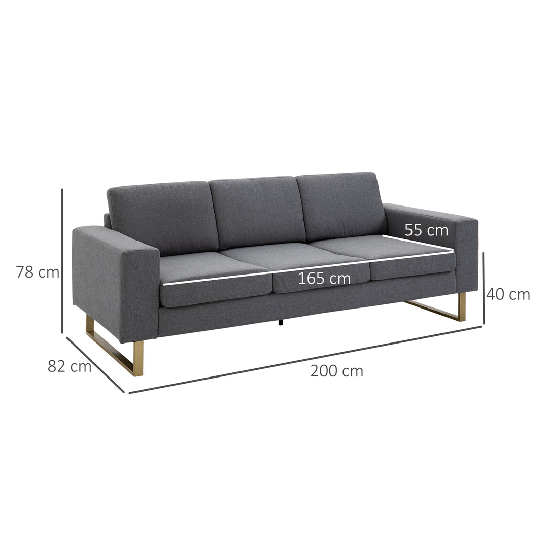 3-Personers sofa tre-personers stofsofa med hynder i armlæn, hørlook, til soveværelse, 200 x 82 x 78 cm, mørkegrå