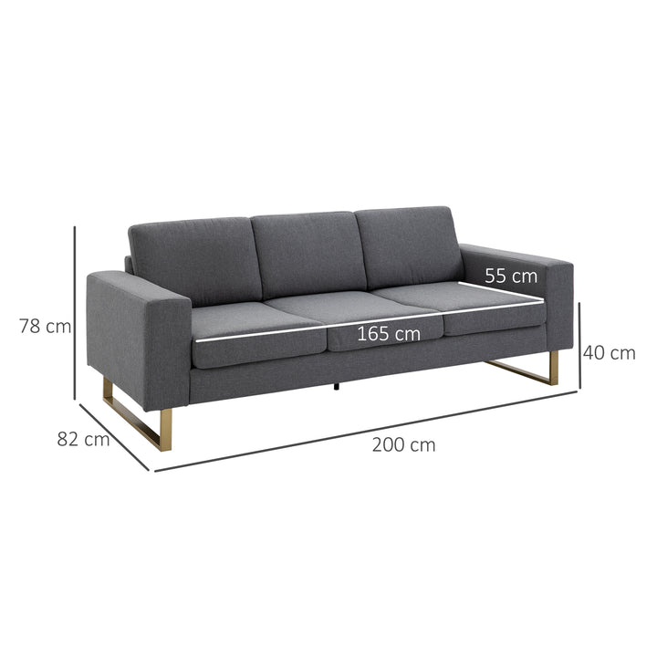 3-Personers sofa tre-personers stofsofa med hynder i armlæn, hørlook, til soveværelse, 200 x 82 x 78 cm, mørkegrå