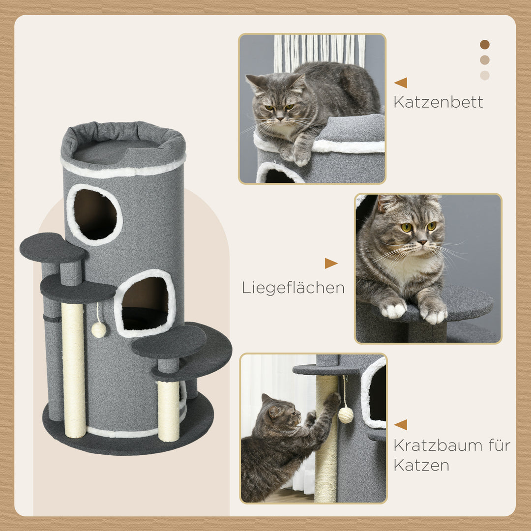 Kradsetræ til katte, 2 kattehuler, 4 hvileområder, 4 kradsetræer, 57 cm x 57 cm x 99 cm, grå + hvid