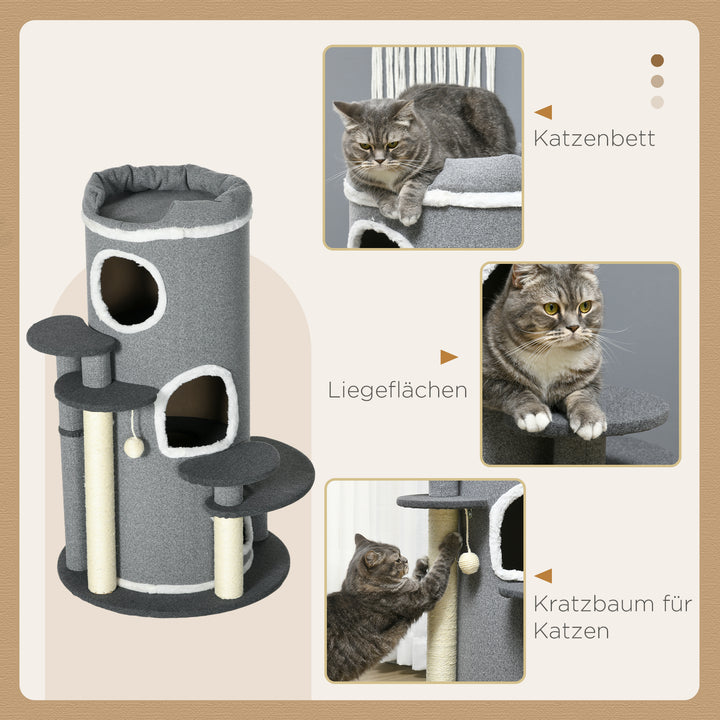 Kradsetræ til katte, 2 kattehuler, 4 hvileområder, 4 kradsetræer, 57 cm x 57 cm x 99 cm, grå + hvid