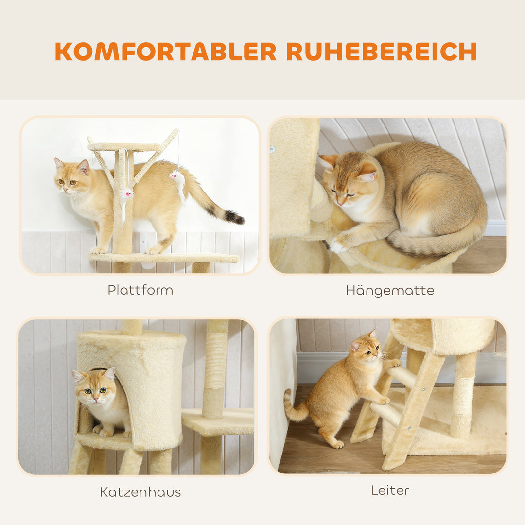 Kradsetræ med hule, 4 legetøj, sisalstolper, stor platform, trappe, til katte under 5 kg, beige