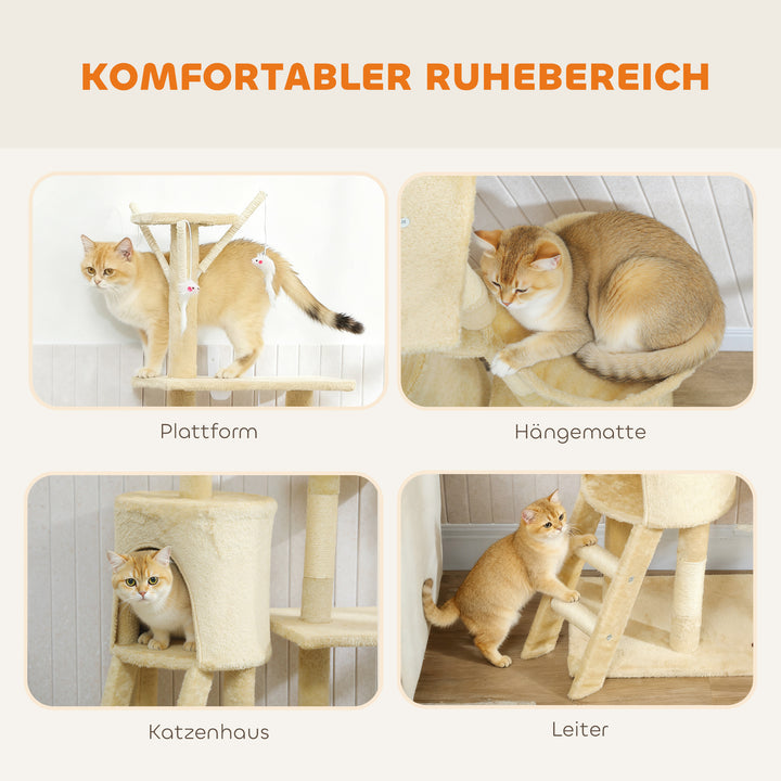 Kradsetræ med hule, 4 legetøj, sisalstolper, stor platform, trappe, til katte under 5 kg, beige