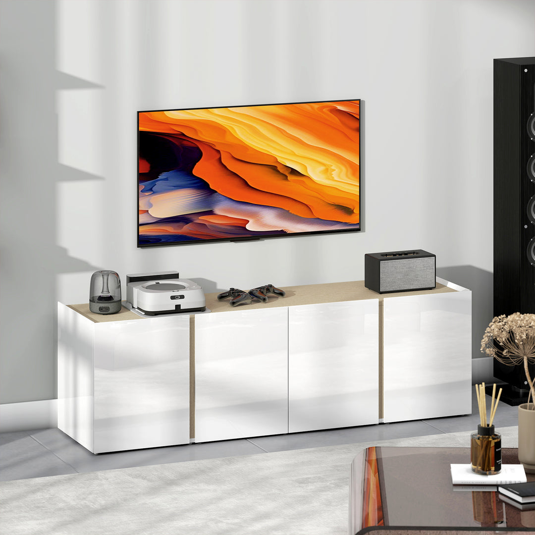 Tv-bord til 65-tommer, tv-skab med soft-close-døre, justerbare hylder, kabelhuller, til stue, hvid