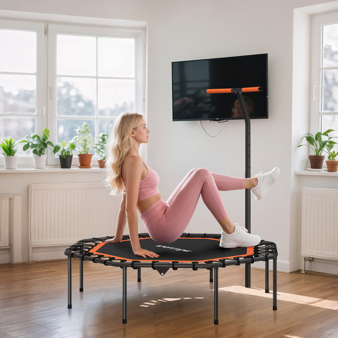 Fitnesstrampolin, træningstrampolin med justerbart håndtag, stabil og støjsvag, til indendørs brug, stål, orange