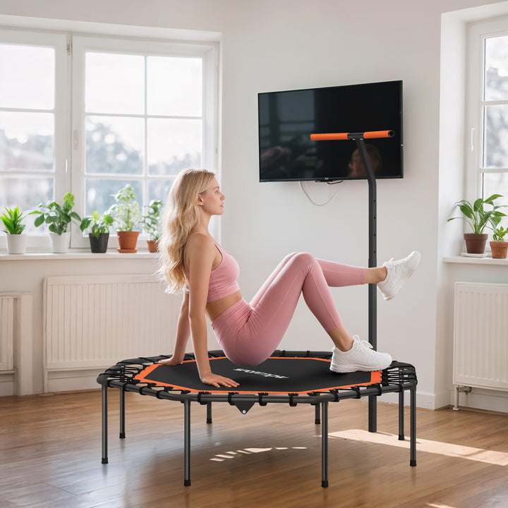 Fitnesstrampolin, træningstrampolin med justerbart håndtag, stabil og støjsvag, til indendørs brug, stål, orange