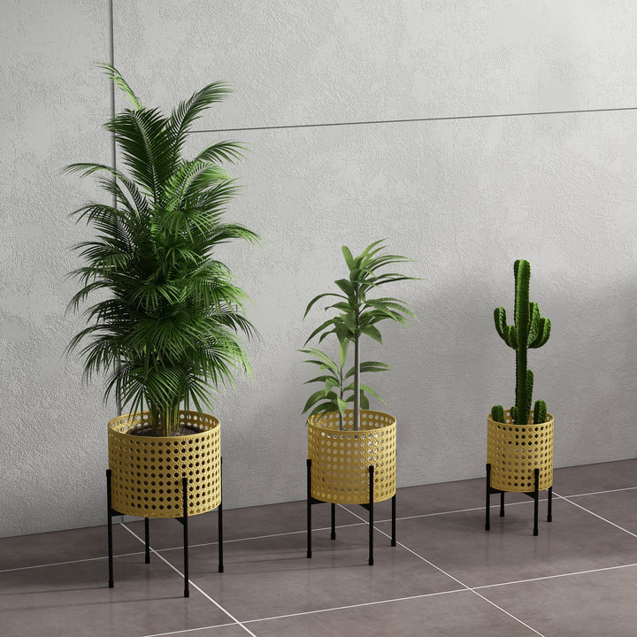 Blomsterstander, sæt med 3, rustfri metalramme, indendørs og udendørs, sort/guld