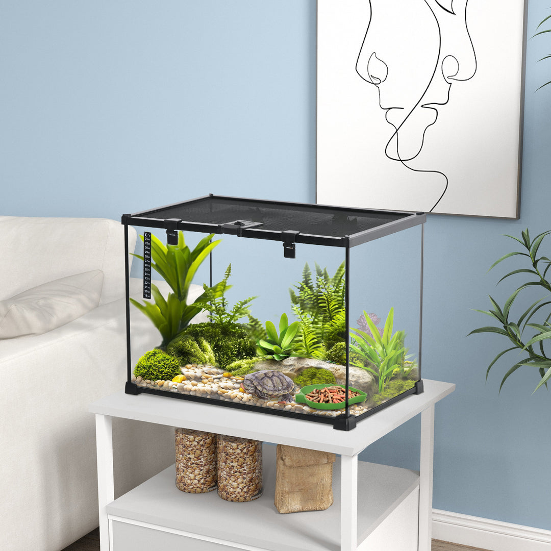 Terrarium til krybdyr, foderkasse til krybdyr, glasterrarium, padder, spindlere med termometer, krybdyravlskasse, metal, sort 50 x 30 x 35 cm