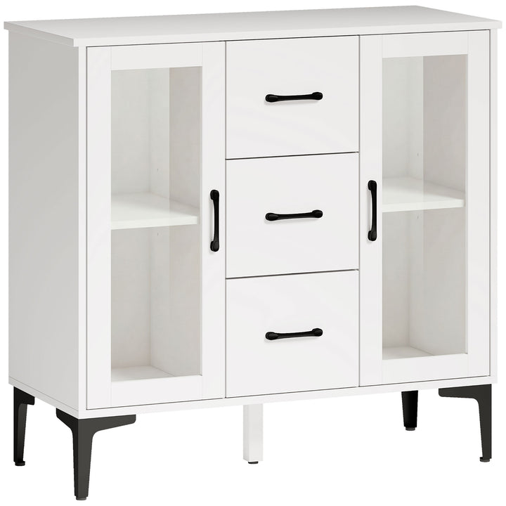 Moderne skænk med soft-close døre, buffetskab med 3 skuffer, 2 vitrinedøre, justerbare hylder, MDF, hvid