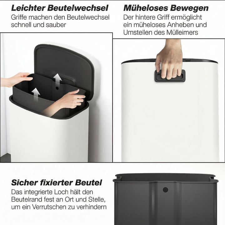 Køkkenaffaldsspand, 50 liter, pedalspand med åben funktion, soft-close låg, pedal, cremehvid