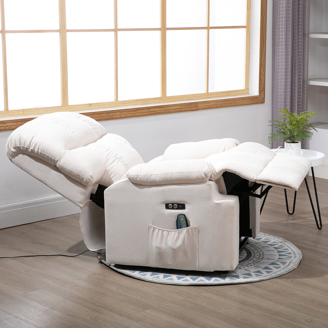 Lænestol med ståstøtte, massagestol, afslappende stol med usb-port, tv-stol med fjernbetjening, sidelomme, lænestol med fløjlslook, beige