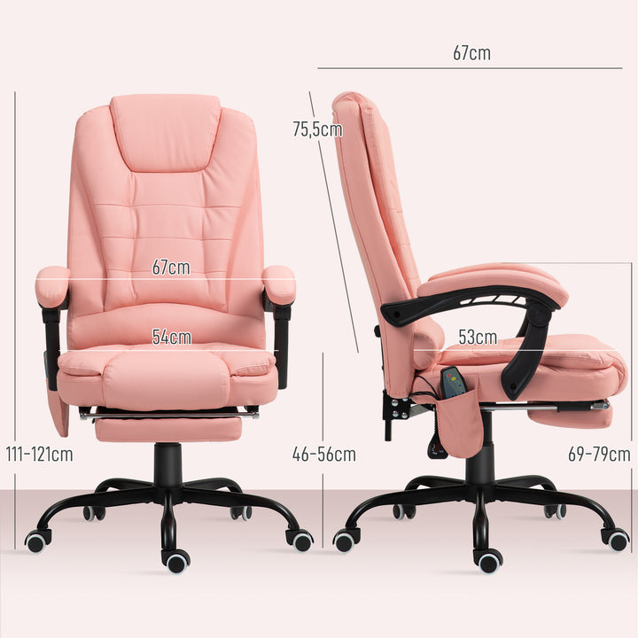 Massagekontorstol, 7 vibrationspunkter, justerbar fodstøtte og ryglæn, op til 120 kg, læderlook, pink