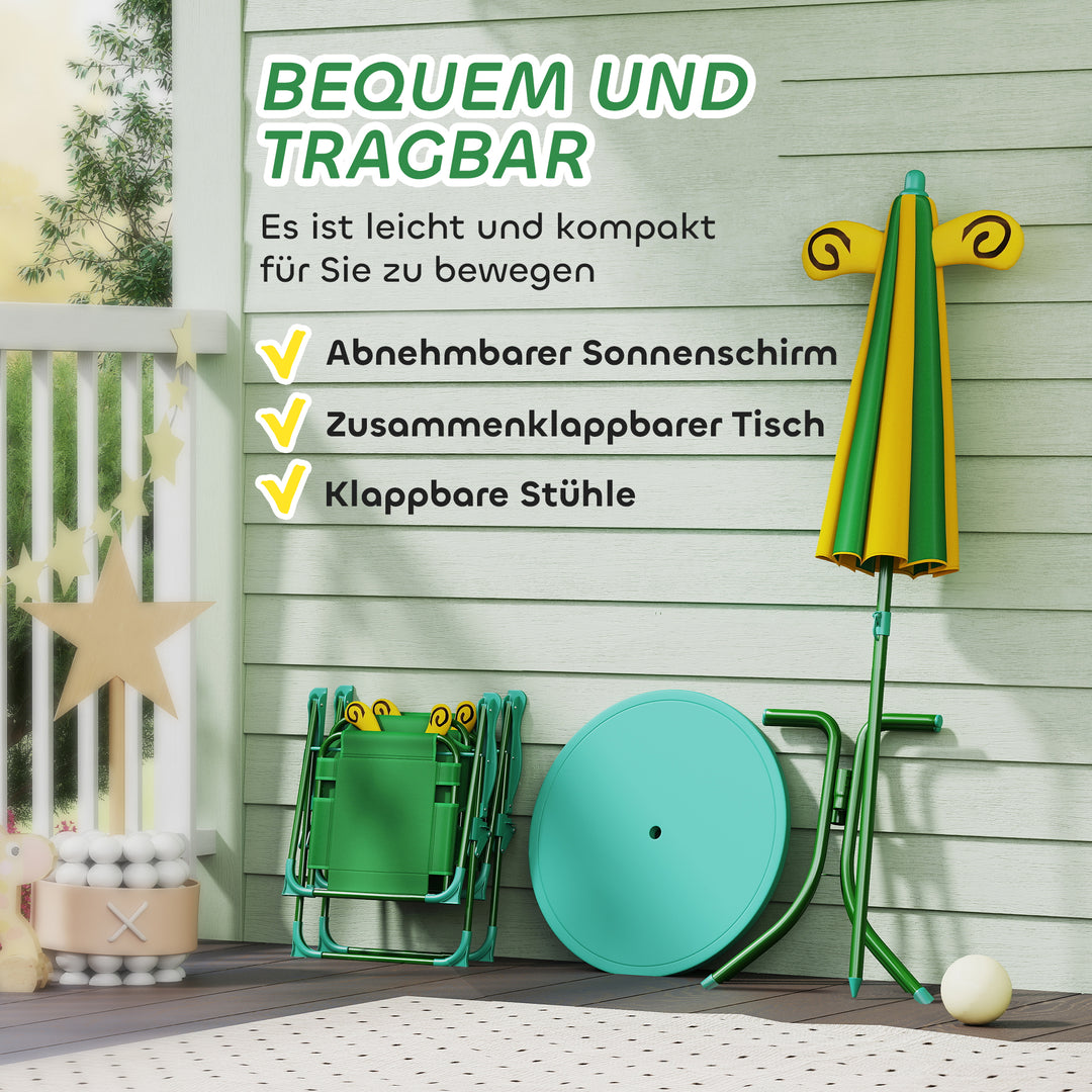 Børnehavemøbelsæt, stole, bord, parasol, bidesign, grøn+gul