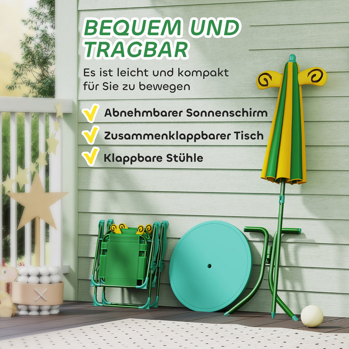 Børnehavemøbelsæt, stole, bord, parasol, bidesign, grøn+gul