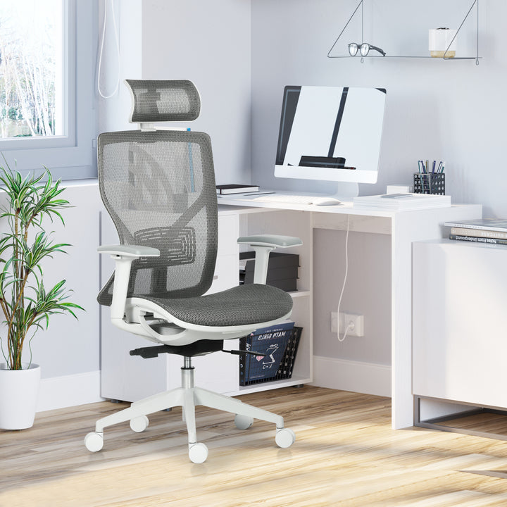 Kontorstol, skrivebordsstol, drejestol, gamingstol med nakkestøtte, lændehynde, 3d-armlæn, 3 niveauer, 360° drejelige hjul, højdejusterbar, ergonomisk, netstof, skum, grå, 67 x 65 x 120-128 cm