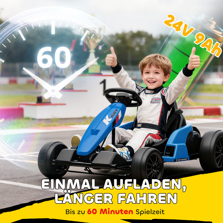 24V elektrisk gokart, drifttilstand, justerbart sæde, 5-punktssele, musikfunktion, 6-12 år, blå
