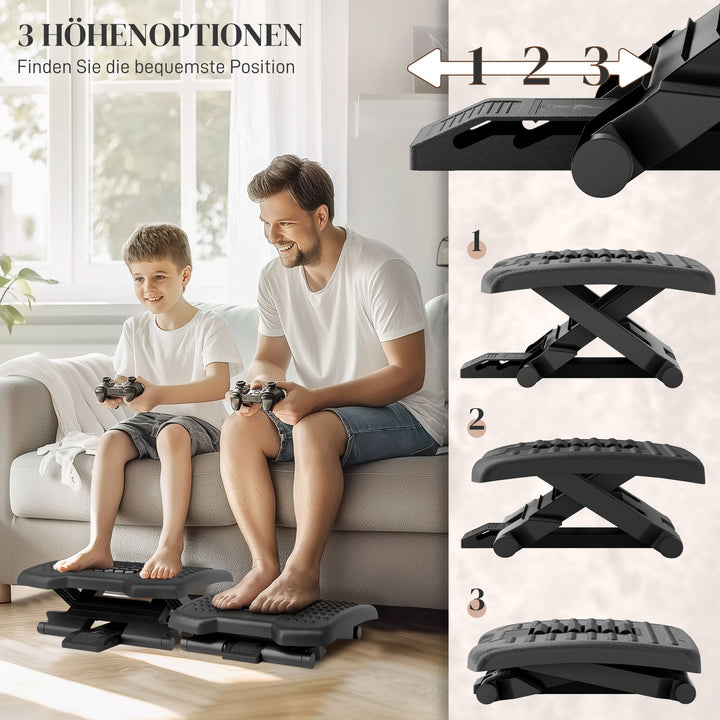 Ergonomisk fodstøtte, højdejusterbar, massageflade med ruller, sort, 46 x 35 cm
