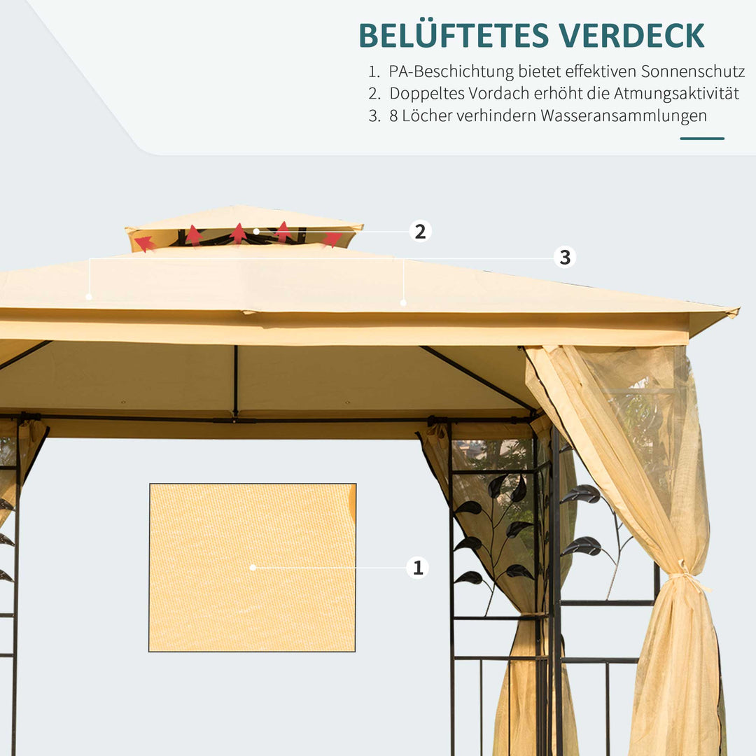 Luksus 3x3 m pavillon, havepavillon med dobbelttag, festtelt med sidepaneler, partytelt, havetelt, pagode, beige