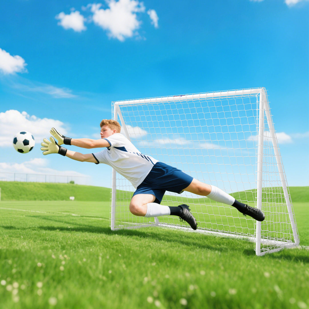 Fodboldmål, robust net, plastikramme, pløkker, 240L x 90B x 180H cm, hvid