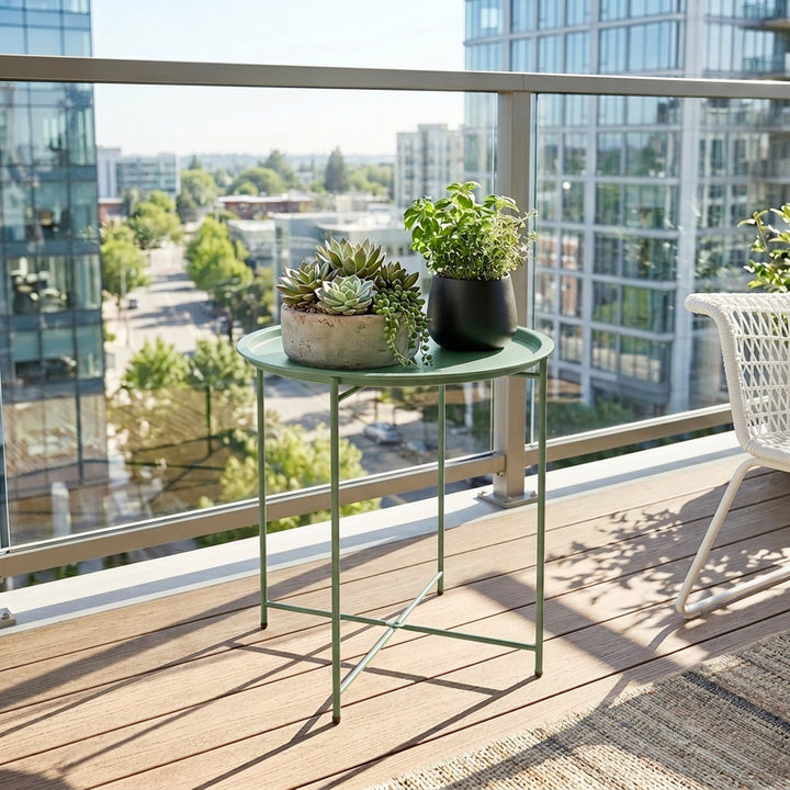 Havebord, rundt udendørs sidebord i stål med aftagelig bakke, foldbart design, terrassebord, grønt