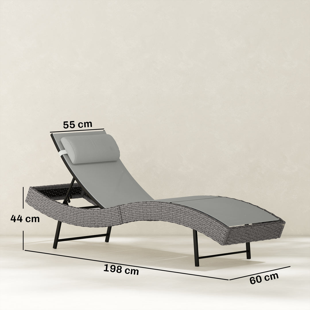 Polyrattan liggestol, S-formet havestol med justerbar ryglæn og nakkestøtte i 5 positioner, åndbar og UV-bestandig