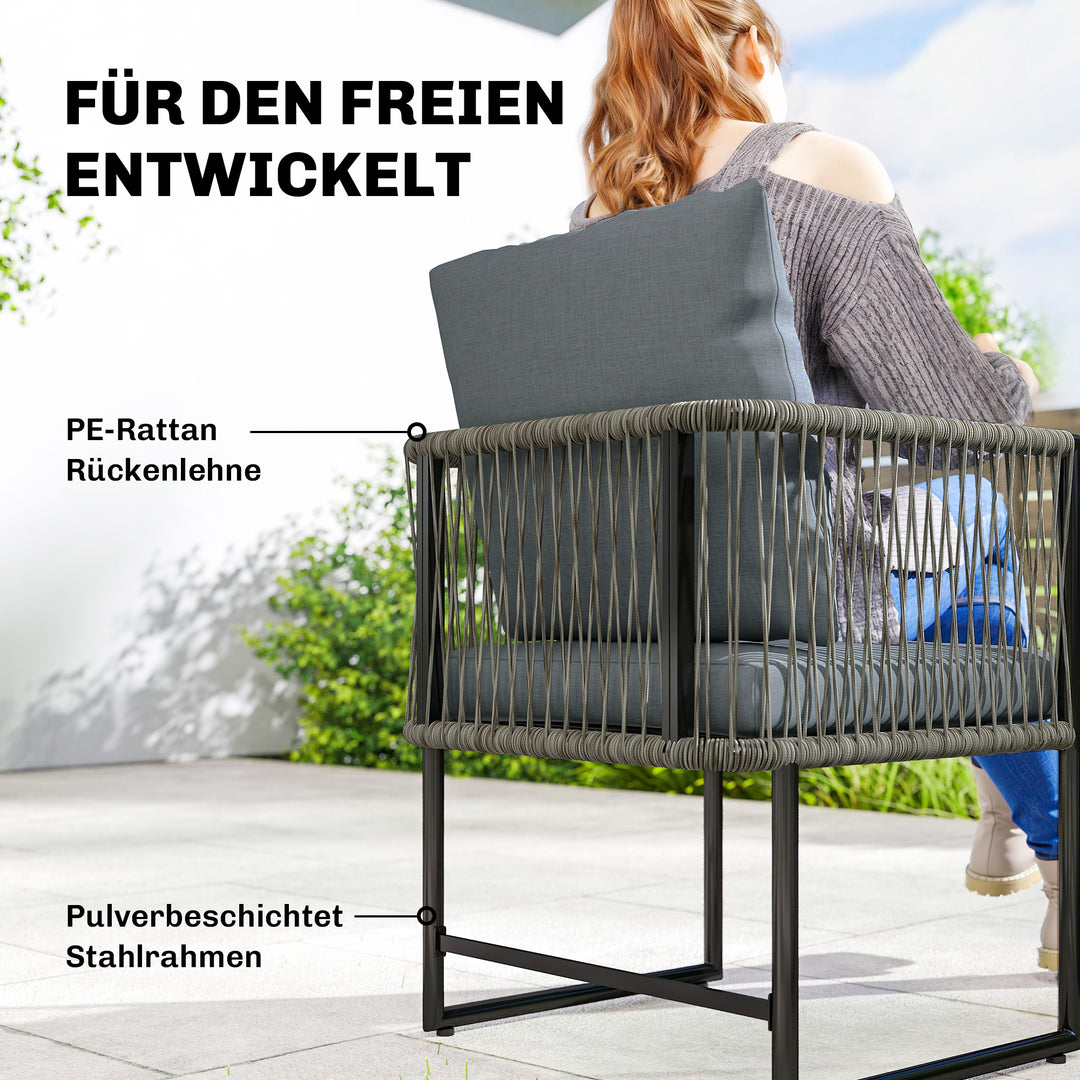 Sæt med 2 vejrbestandige havestole lavet af stål og PE-rattan med hynder, armlæn og ryglæn, 52x52x66 cm, mørkegrå