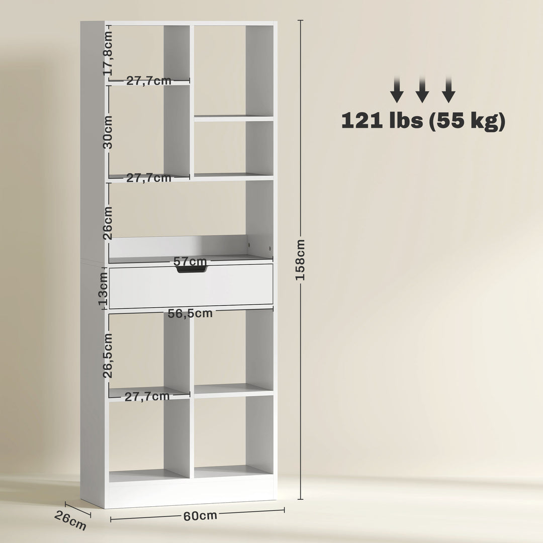 Bogreol, multifunktionshylde, 9 rum, skuffe, anti-tip, 60 x 26 x 158 cm, hvid
