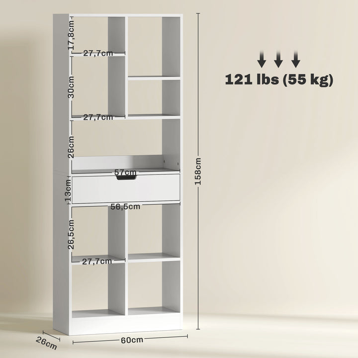 Bogreol, multifunktionshylde, 9 rum, skuffe, anti-tip, 60 x 26 x 158 cm, hvid