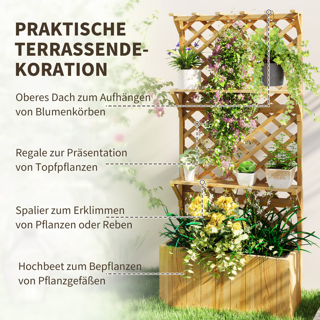 Højbed med espalier, blomsterkasse, 2 hylder, drænhuller, 76 x 33 x 177 cm
