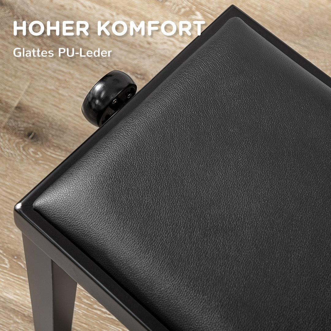 Klaverbænk, højdejusterbar klaverstol, elegant højglans, kunstlæder + gummitræ, sort, 63 x 33 x 56 cm