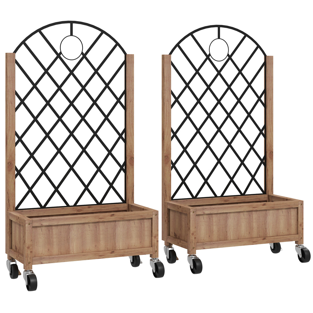 Sæt med 2 hævede havebede/plantekasser med hjul, espalier og plantepotter/blomsterkasser, træ, 52x25x97cm, brun