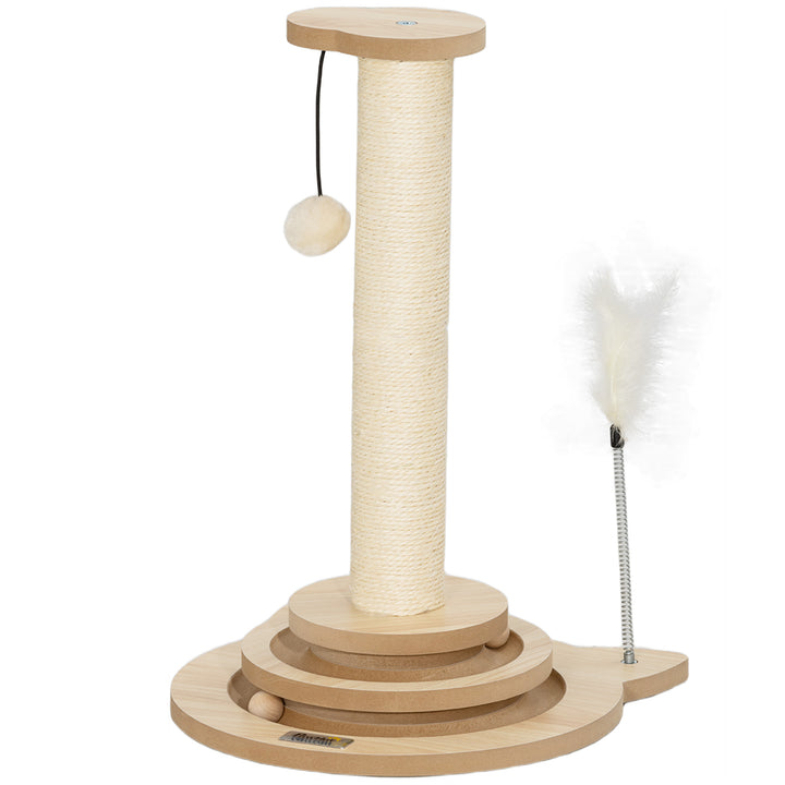 Kradsetræ til katte, 49 cm, sisal kradsetræ, boldløbebane, legebold, legefjeder, 4-i-1 design, eg, hvid