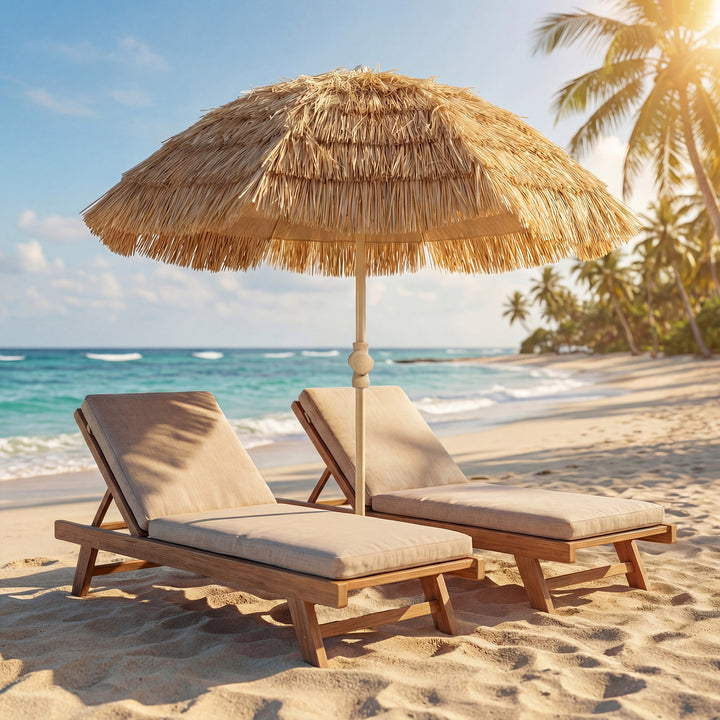 150 cm Hula stråtag Tiki strand- og haveparasol med sandanker, justerbar højde og vippefunktion, stråtagsparasol
