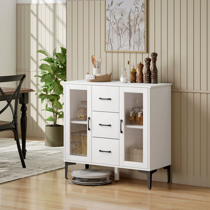 Moderne skænk med soft-close døre, buffetskab med 3 skuffer, 2 vitrinedøre, justerbare hylder, MDF, hvid
