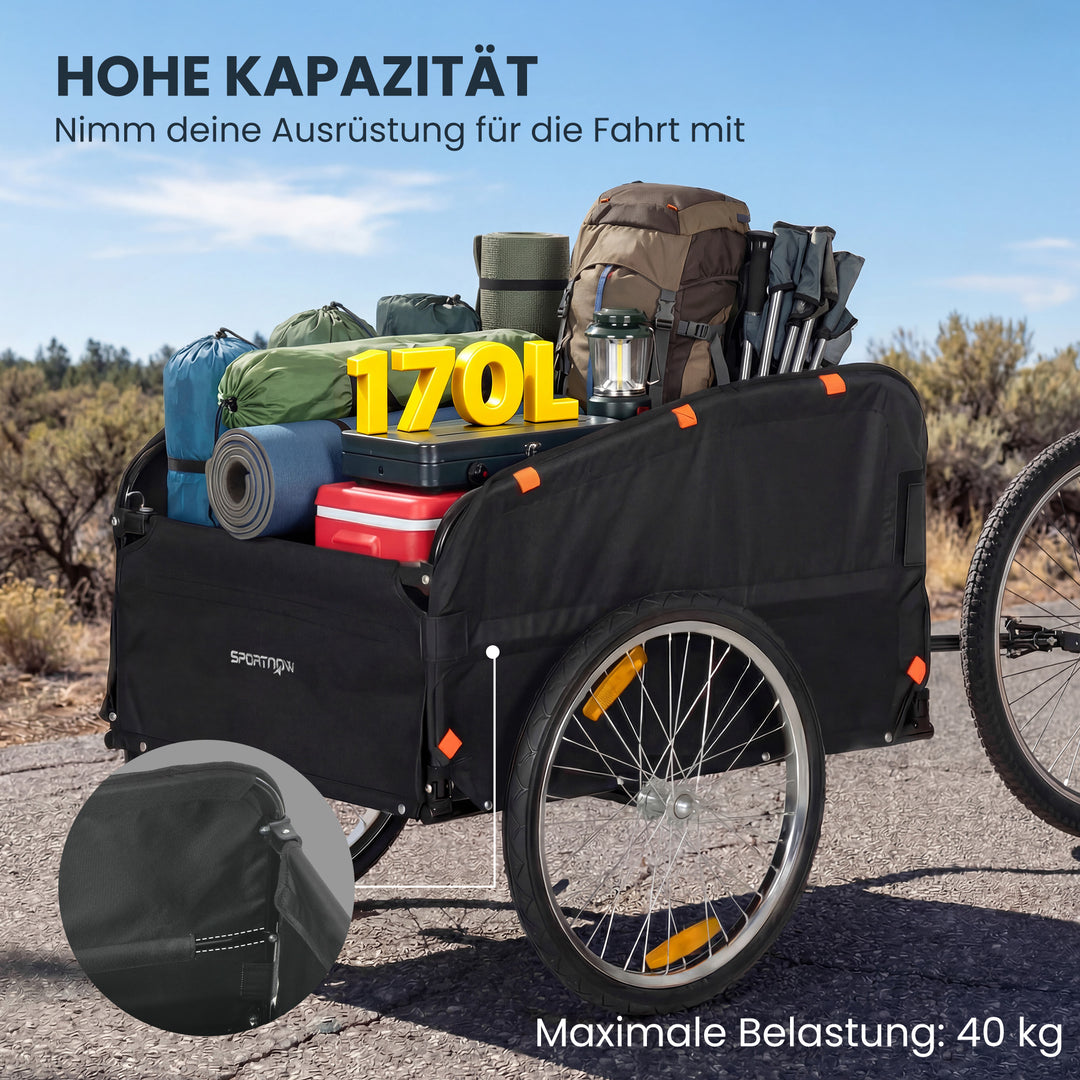 Cykeltrailer, 170 liter, cargo trailer med kobling, presenning, 51 cm hurtigudløser, luftdæk, op til 40 kg
