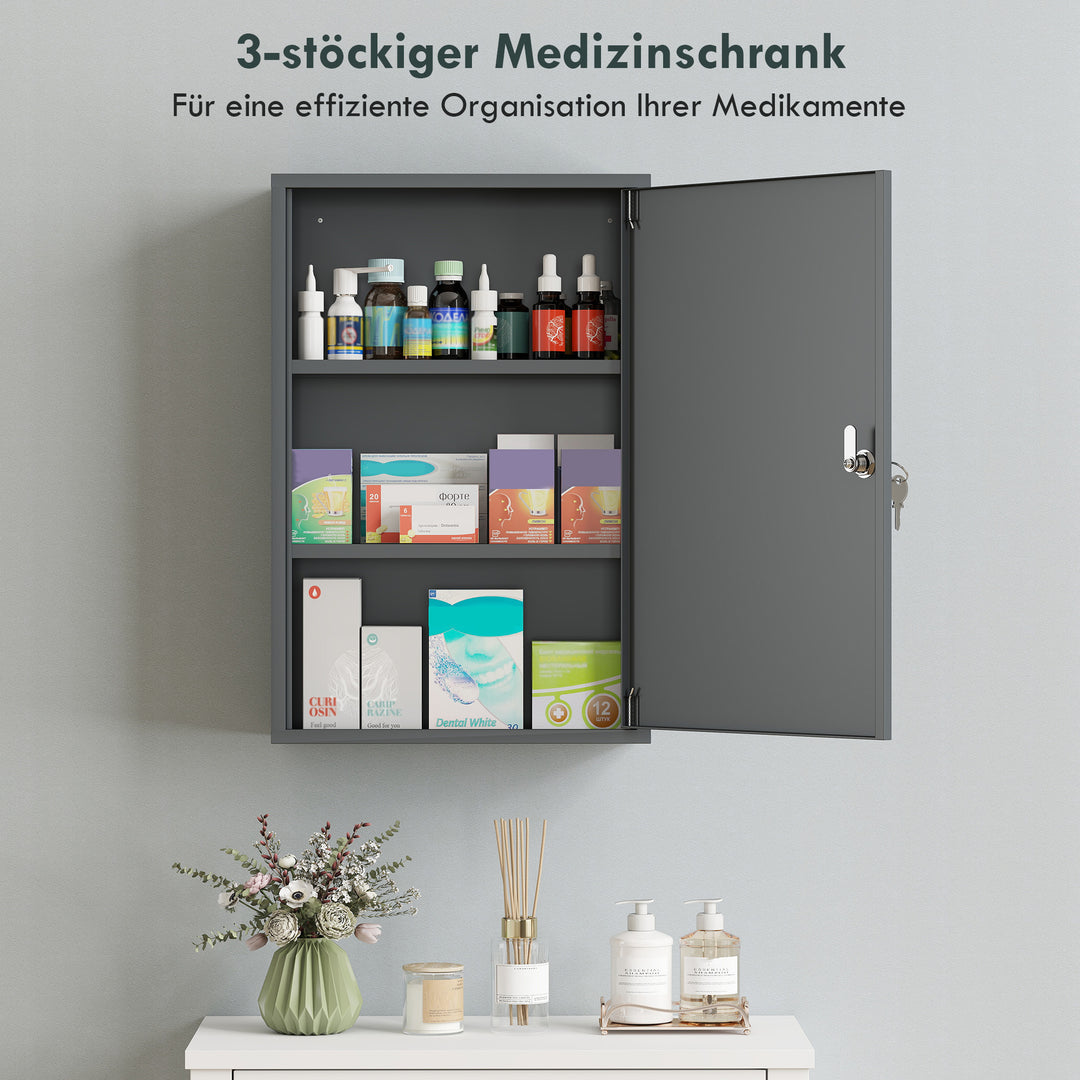 Vægmonteret medicinskab, badeværelsesskab med 3 hylder, 2 nøgler, 40 x 18 x 60 cm, grå