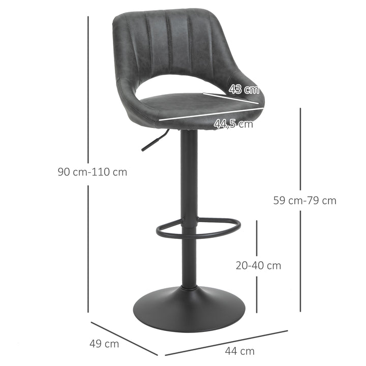 Barstolsæt med 2, læderlook, drejelig, højdejusterbar, fodstøtte, metalstel, 44 x 49 x 90-110 cm, grå