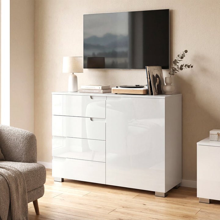 Kommode med 4 skuffer, skænk med 1 dør, justerbar hylde, til stue, soveværelse, 100 x 40 x 80 cm