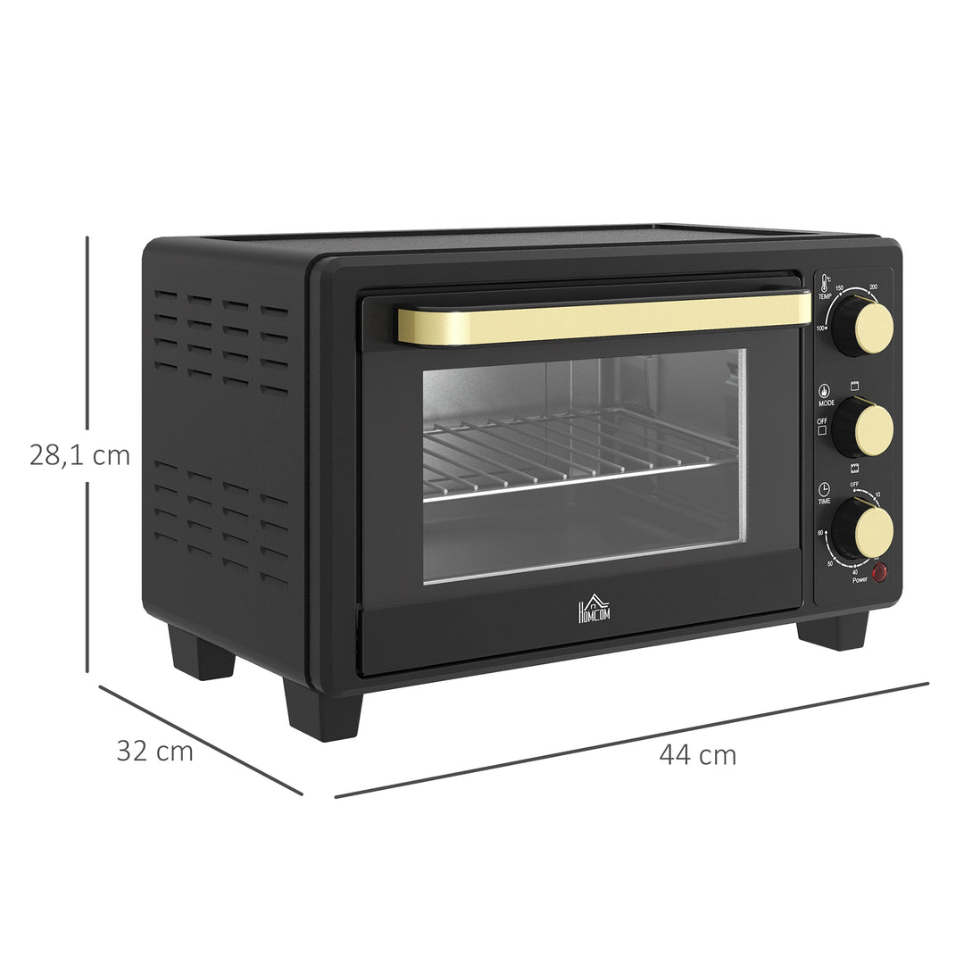Miniovn, brødristerovn, timer, bagerist, bageplade, glasvindue, metal, sort